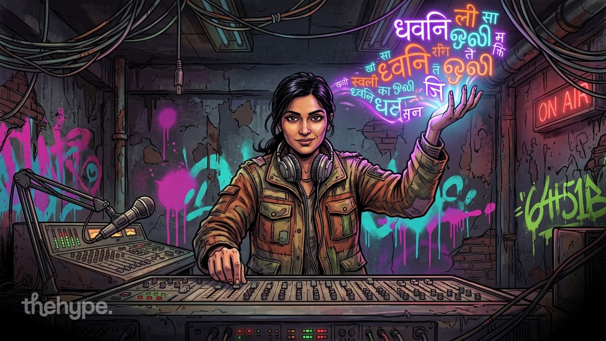 Woman at a radio mixing desk in headphones, glowing Devanagari letters rising from her hand, for Sarvam Bulbul V4 Flash