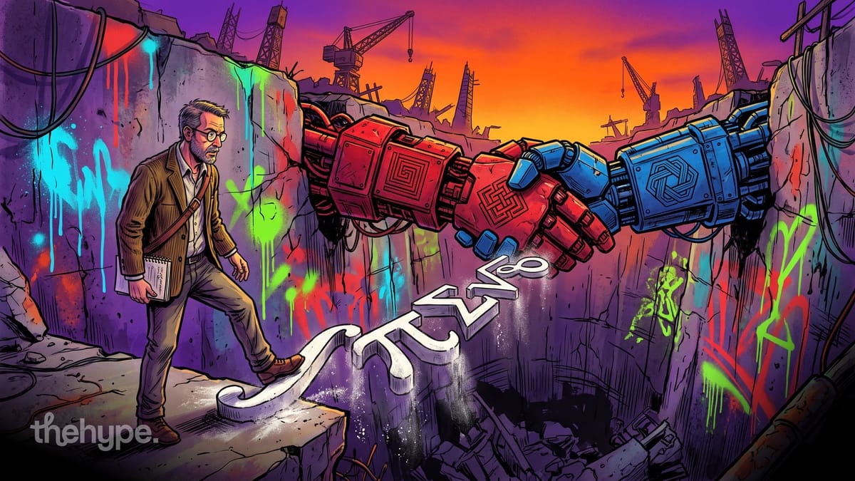 Mathematician steps onto a bridge of math symbols toward red and blue robot arms shaking hands over a chasm, for AI in math