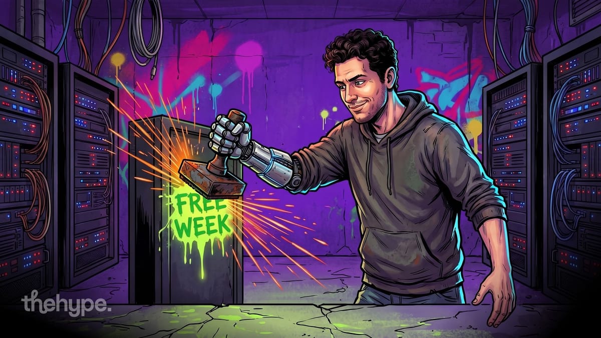 Man with a robotic arm stamps "FREE WEEK" in green spray paint on a server cabinet in a graffiti-covered server room