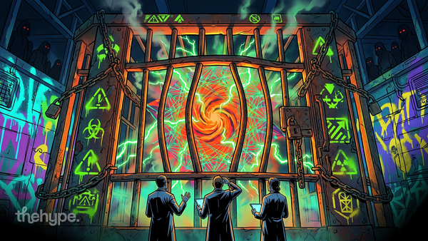 Three scientists face a chained cage with a glowing orange vortex and green lightning — AI cybersecurity threat visual.