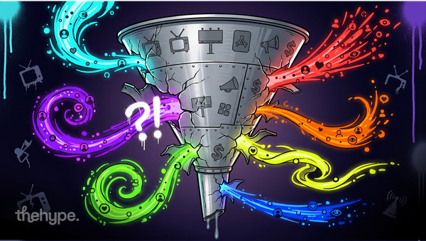 Cracked metal funnel leaking seven colored streams past broken TV, billboard and app icons — AI distribution metaphor.