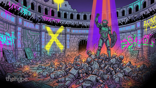 Neon colosseum: armored warrior stands over a pile of defeated robots — AI startup survival and moat metaphor.