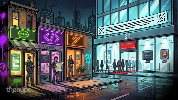 Three small neon shops with chat, code and brush signs face a polished AI flagship store with a queue — supplier-rival visual.