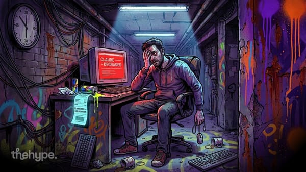 Exhausted hooded user slumps at a graffiti-covered desk by a red "CLAUDE DEGRADED" CRT and a $20/month Claude Pro receipt.
