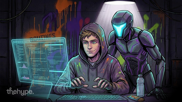 Hooded coder at a holographic code screen tagged "ROUTINES" with an armored AI looming behind — Claude Routines goes live.