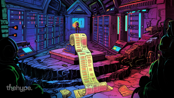 Tiny robot on pedestal unspooling a giant receipt in a neon server room as hooded figures watch — the real cost of LLM vuln hunting.