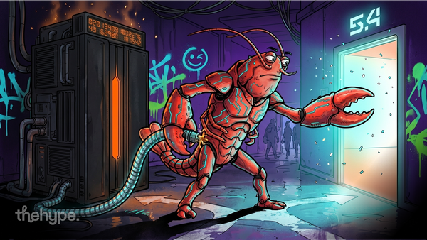 Red lobster robot unplugs from a smoking server, reaching toward a glowing doorway marked 5.4 — OpenClaw model shift.