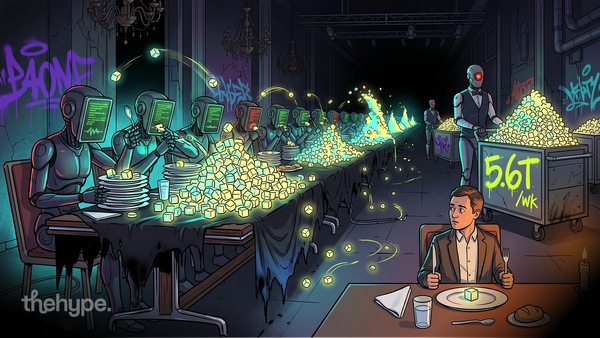 Robots at a long table devour glowing token cubes while a lone human watches, beside a 5.6T/wk cart — agent token economy.