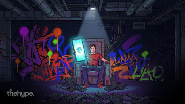Sam Altman on a throne holding a glowing OpenAI phone, surrounded by broken iPhones, graffiti wall behind him
