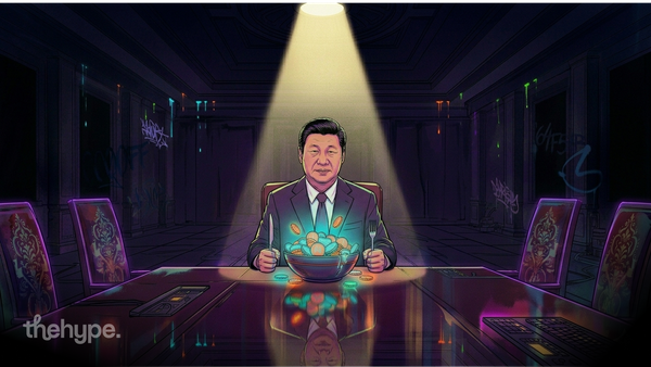 Illustrated figure in a suit eating from a glowing bowl of coins at a dark table — symbolizing China's growing capture of the AI token market.