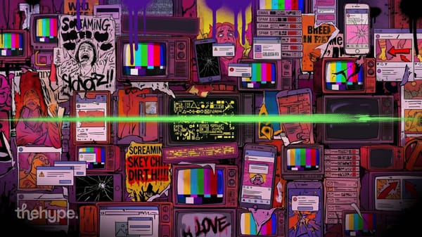 Chaotic collage of broken TVs, cracked phones, spam popups, and screaming posters cut by a green signal beam — noise vs signal for founders.