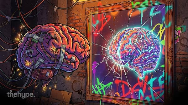 a wired-up brain faces a graffiti-framed mirror reflecting a glowing upgraded brain — ai improving itself through its own r&d