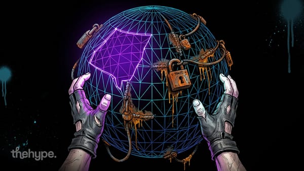Gloved hands hold a glowing wireframe globe wrapped in rusted padlocks and chains — 3D world models locked behind dev skills.