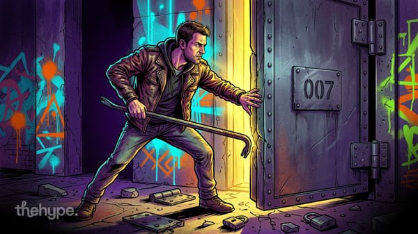 Man with a crowbar pries open a heavy vault door stamped 007 in a graffitied alley as yellow light spills out from the gap.