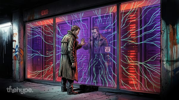 Trench-coated man faces "AI UNIT 109" reflection across glowing server racks — securing autonomous agents at runtime.