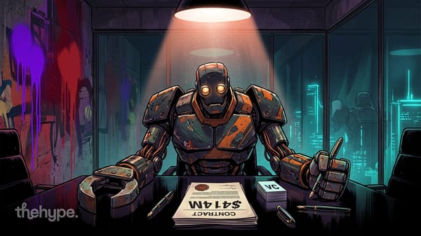 Battered armored robot signs a $414M VC contract under a spotlight in a graffitied boardroom — AI agent security funding.