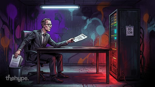 Man in suit extends an offer letter across a desk toward a server rack labeled IQ 136, resume stack discarded in a bin beside him