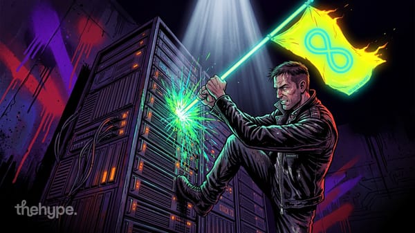 Rebel plants neon infinity flag on a sparking server rack — ai's shift to persistent memory and agent infrastructure.