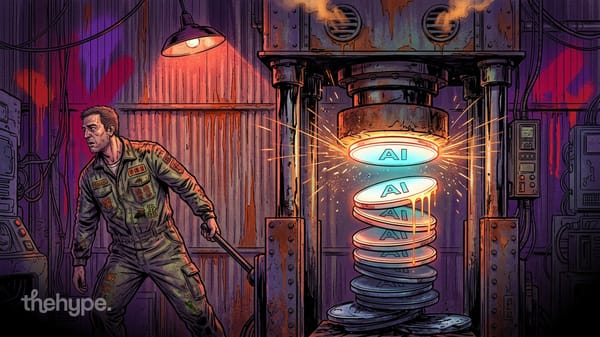Worker in worn overalls operates an industrial press stamping glowing AI-labeled discs in a dark workshop