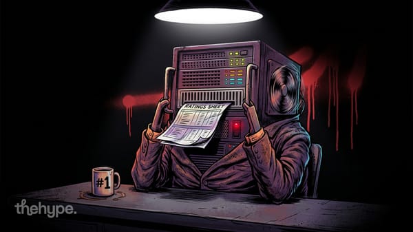 Figure with a server unit for a head reads a ratings sheet at a desk, mug labeled #1 beside it, dark background