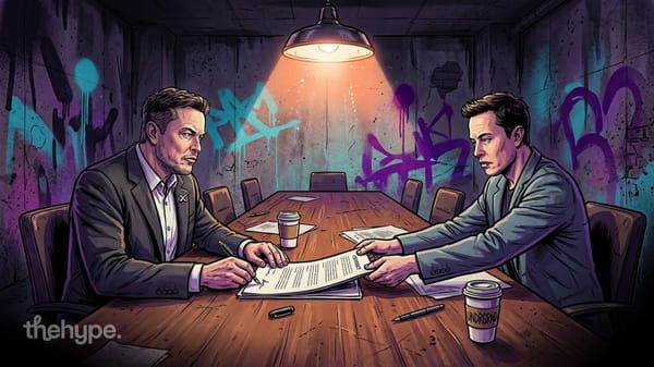 Two suited men sit across a contract on a dim wooden table under a hanging lamp in a graffitied underground meeting room.