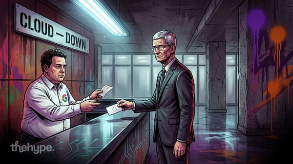 Google-shirted figure hands documents to a suited Apple executive at a Cloud Down counter in a dark corridor