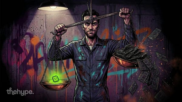Mechanic balances a scale with a glowing 5.1 chip on one side and a heap of broken circuit boards on the other under a lamp.