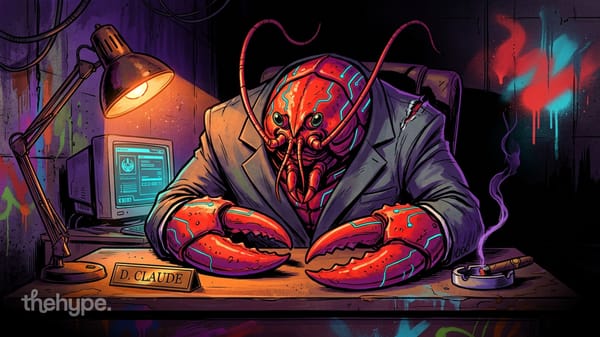 Lobster-headed boss in a suit at a "D. CLAUDE" desk with cigar and CRT — agents fight for desktop turf as ChatGPT goes native.