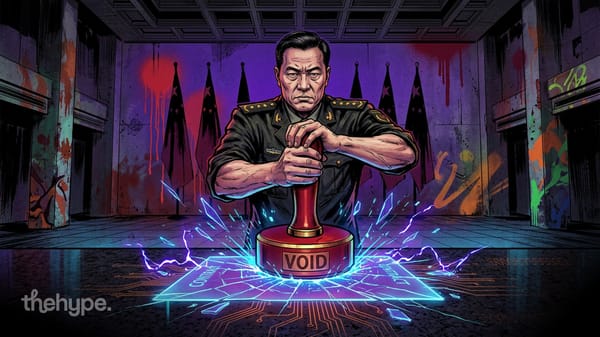 Chinese military officer slams a red VOID stamp onto a shattering digital contract under flags in a graffitied state hall.
