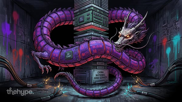 Purple circuit-patterned dragon coiled around server racks labeled AI Chip and China National Grid Server