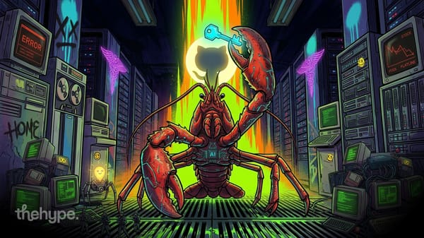 Red AI lobster holds a glowing key in front of a GitHub logo, surrounded by server racks and a flatlining stock chart.