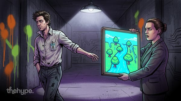 Codex-badged man and woman hold a pixel-art landscape with floating trees in a graffitied corridor — long-task agent fails.