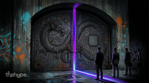 Suited men with briefcases face a chained metal gate engraved with a Chinese dragon and circuit patterns under neon purple light.
