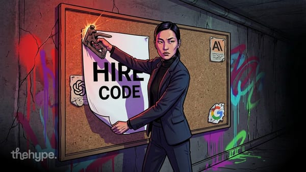 Woman stapling a "hire code" poster on a corkboard, OpenAI and Google logos pinned beside it — the AI coding agent hiring race