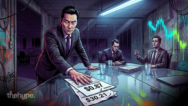 Executive slams a $0.87 invoice on a boardroom table next to a torn $30.21 bill as two suited men watch under graffiti walls.