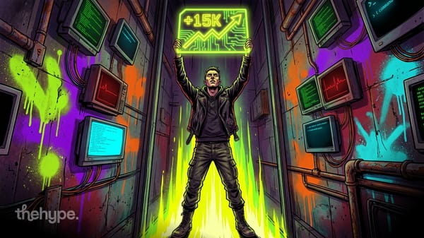 Figure in a jacket holds a glowing neon sign reading +15K with an upward arrow, surrounded by terminal screens on graffiti walls