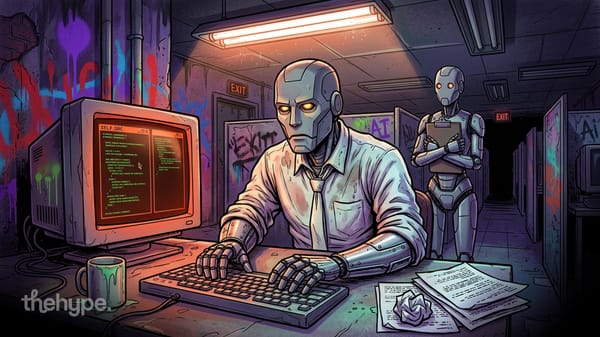 Robot in a shirt typing code at a retro terminal, second robot watching from behind, graffiti reads "AI" on the wall