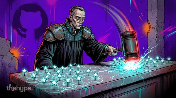 Comic judge in armored robe slams glowing gavel onto rows of electric stars on a desk, GitHub logo behind — top weekly repos.