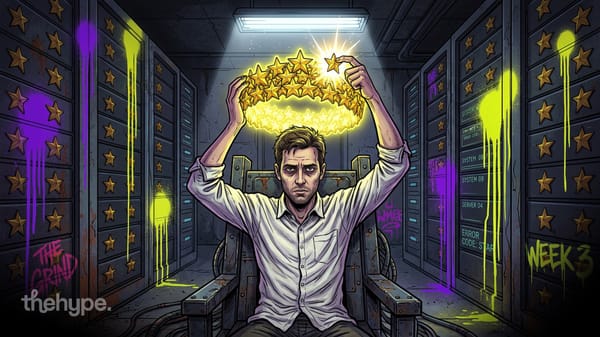 Tired man in a wired chair lifts a glowing crown of gold stars over his head between server racks tagged The Grind and Week 3.