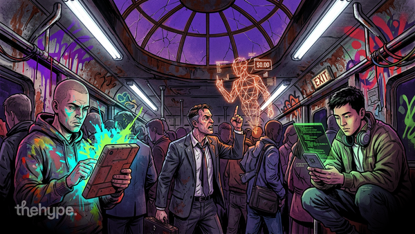 Subway car of commuters using grimy tablets and phones with code, while a translucent AI figure with a "$0.00" tag floats above