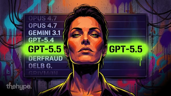 Woman in a police lineup with "GPT-5.5" highlighted in neon green above Opus 4.7, Gemini 3.1, GPT-5.4 — public model on top.