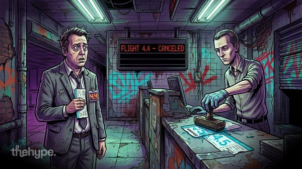 Comic scene: man with 4.4 ticket watches clerk stamp 4.5 tickets under "Flight 4.4 Canceled" sign — Grok 4.4 skipped.