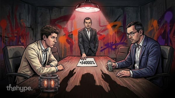 Three men at a table under a red lamp, center figure places a paper reading +54000% between the other two