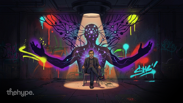 Man in glasses sits under a spotlight before a graffitied mural of a glowing figure with a neural-network head and outstretched arms.