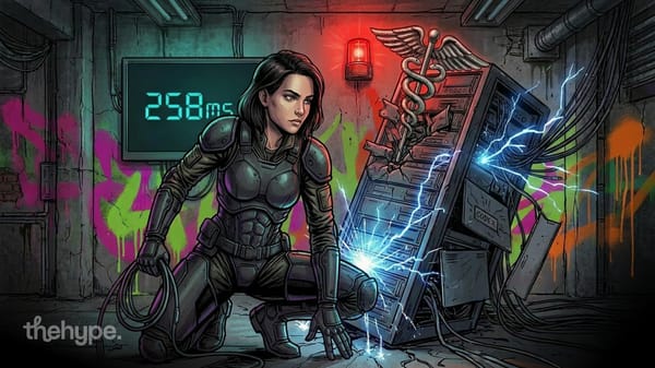 Armored woman kneels beside a crashing server labeled CODEX with sparks flying, timer reads 258ms on a screen behind her