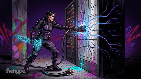 Armored woman jacks a thick cable into a sparking server rack as electric arcs fan across its panels in a graffitied bunker.