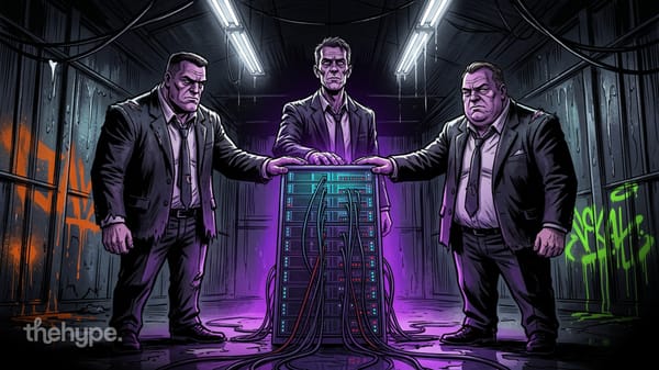 Three suited men in a graffitied basement grip a glowing server rack like a casino table — infra giants control AI compute.