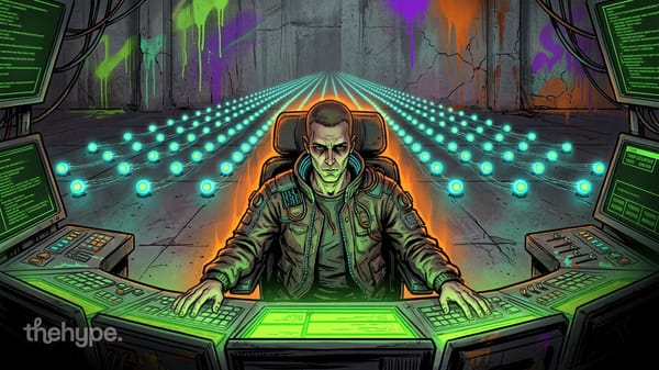 Operator at a glowing console controls rows of neon nodes stretching into the distance, evoking parallel agents at scale.