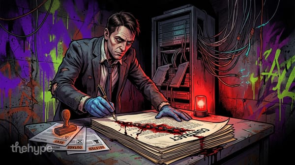 Investigator in gloves signs a blood-streaked contract beside damaged servers and tags reading Outage, Deleted, Sev1, Breach.