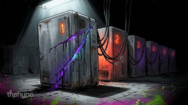 Six numbered metal server towers in a graffitied room, #1 cracked open with neon purple light — local AI model tiers ranked.